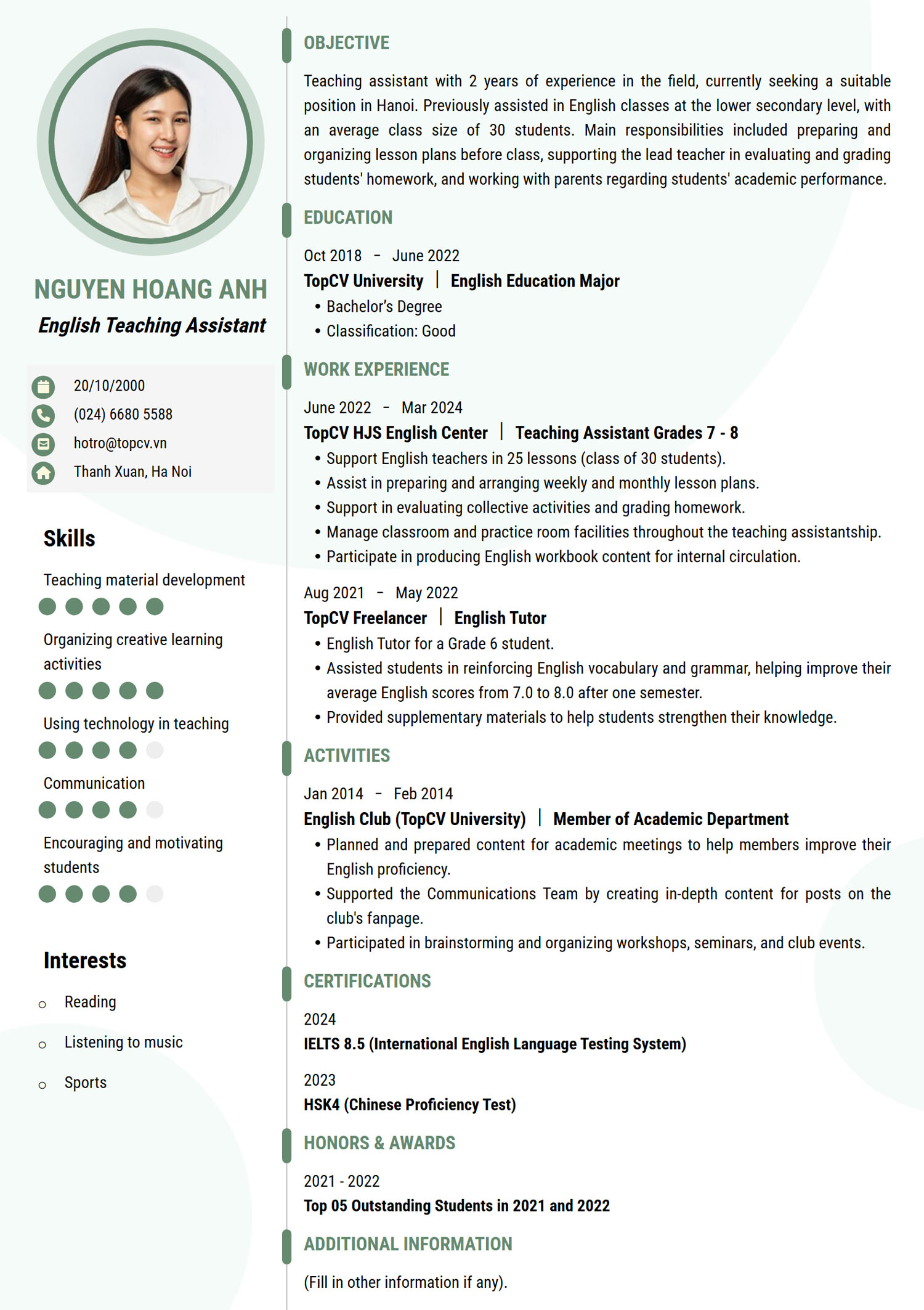 Mẫu CV Trợ giảng tiếng Anh bằng tiếng Anh